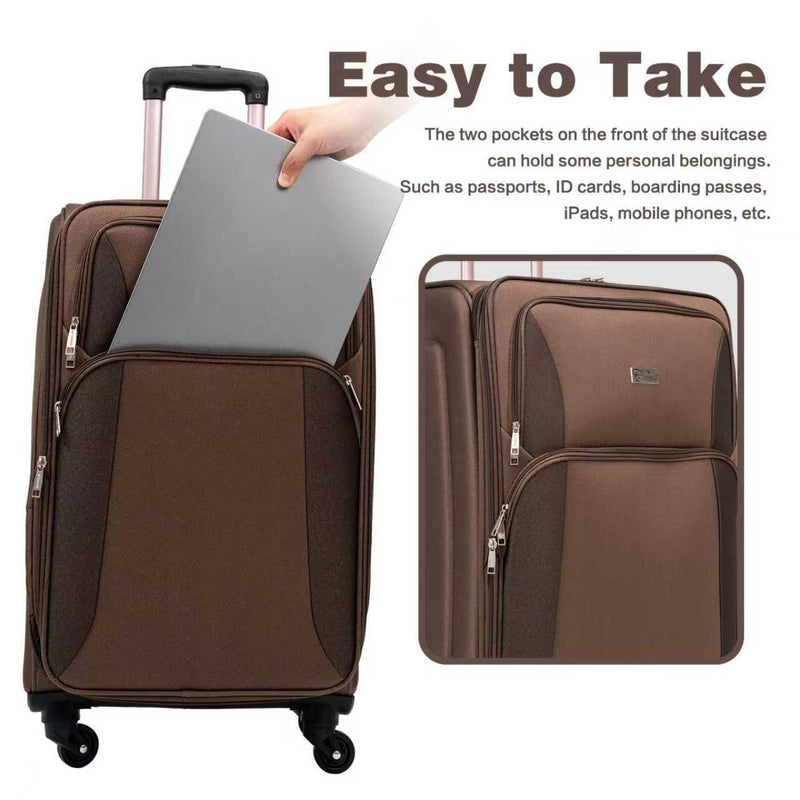 GOAWGO 4-Piece Luggage Set (20/24/28/32") with Lock | Expandable Carry-On Softshell Suitcase | Softside Lightweight Travel Suitcase Set with Spinner Wheels and Front Pocket (Brown)