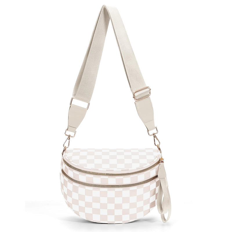 Checkered Crossbody Bum Bags for Women Nylon Checkered Purse Checkerboard Fanny Pack (A04 Beige)