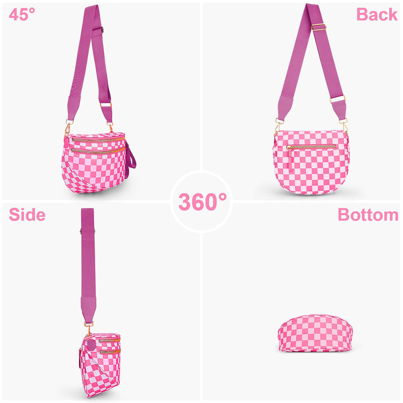 Lushandy Bum Bag Women's Checkered Crossbody Bag Nylon Cross Body Bags Plaid Mom Everyday Purse for Travel (Checkered Pink)