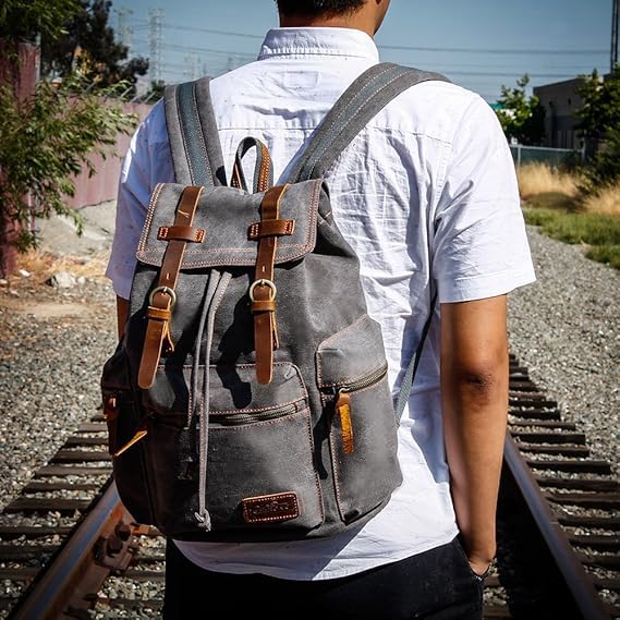 GEARONIC Vintage Canvas Backpack, Casual Daypack Backpacks for Men Women, 15inch Laptop Bag Travel Hiking Camping Rucksack - Gray