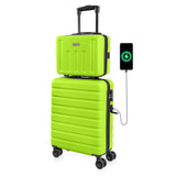 AnyZip Suitcase, 20" Carry On Luggage 14" Mini Cosmetic Cases Luggage Sets Hardside PC ABS Lightweight USB Suitcase with Wheels TSA (2 Piece Set 14/20, AppleGreen)