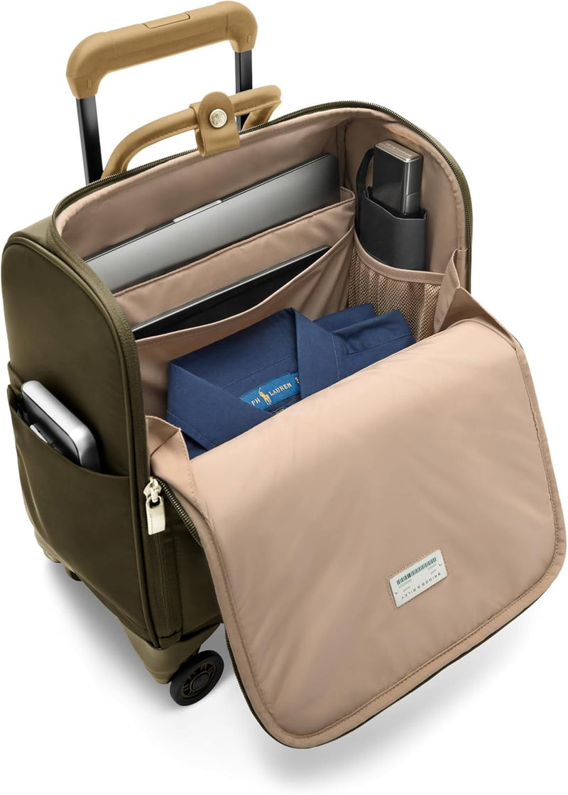 Briggs & Riley Wheeled Cabin Bag - Carry On Luggage for Travel, Suitcases with Wheels, Softside Rolling Bag for Men & Women, Interlocking Handle, Fits up to 13" Laptop - Rhapsody Collection, Olive