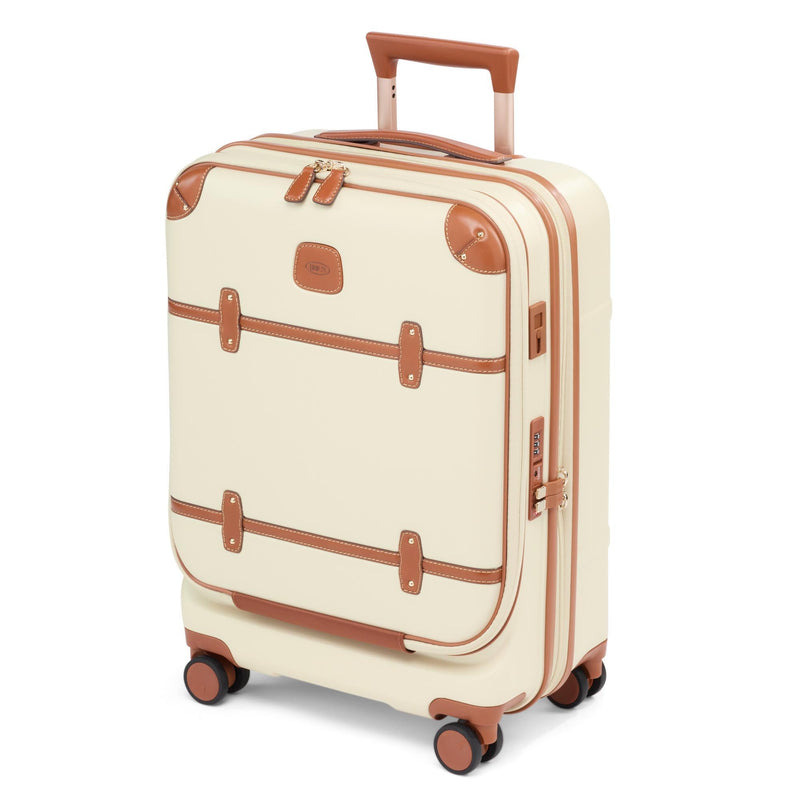 Bric's Bellagio 3.0 Spinner Trunk - Luxury Hardshell Carry On Luggage with Large Wheels, Telescopic Handle, Leather Detailing - Expandable Rolling Suitcase - 21" With Pocket, Cream
