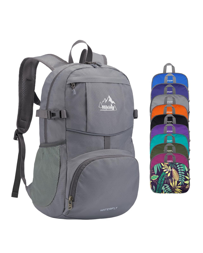 WATERFLY Hiking Packable Daypack Backpack: 25L Ultra Lightweight Day Pack for Woman Man - Small Compact Folding Back Pack for Outdoor Sport Cycling Camping Travel Trip - Gray