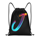 Pazacon Drawstring Bags Initial Drawstring Backpack Sackpack Black Draw String Cinch Bags for Sports, Gym, Travel, Swimming, Beach, Camping, Rainbow Letter J