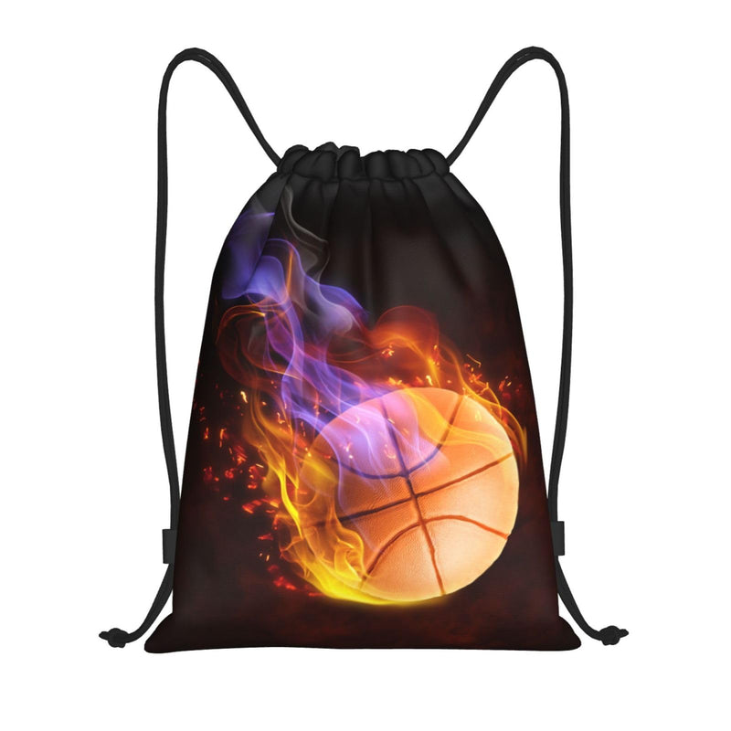 YIJIUWKIS Kids Drawstring Bag with Fire Basketball for Boys, Sports Drawstring Backpack for Teens Boys Girls Adults Women Men, Black Daypack Bag for Work Gym Swim Travel Hiking School, Small