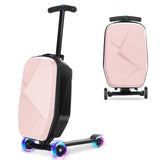 Scooter Luggage For Kids & Adults， Hardside Ride On Suitcase For Kids Ages 4-15 Multifunctional Lightweight Foldable Carry On Luggage With Wheels Ride On For Children Teenagers (Light Pink, 20