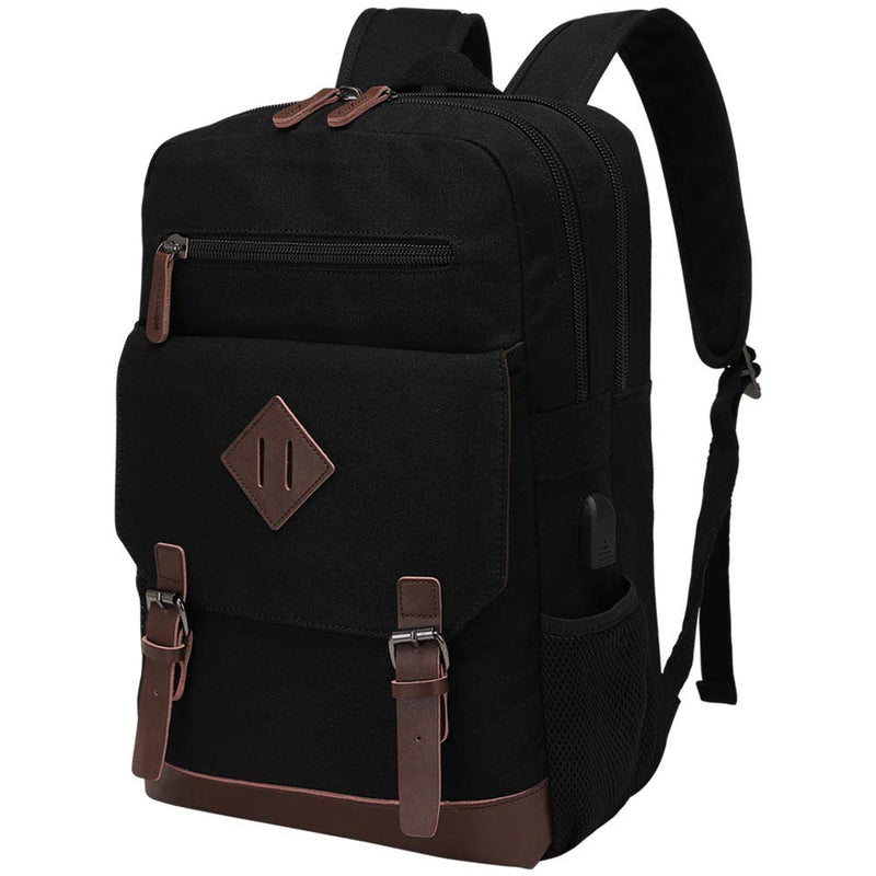 Modoker Eco-Friendly Canvas Backpack for Men Women, Vintage Rucksack Fits Most 15.6 Inch Laptop (Black, Fits up to 15.6" laptop)