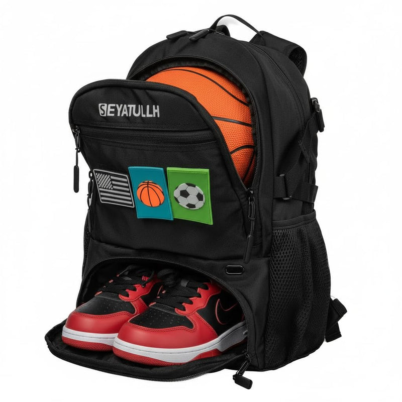SEYATULLH Basketball Backpack with Ball Holder - Sports Equipment Bag with Shoe Compartment(Black)
