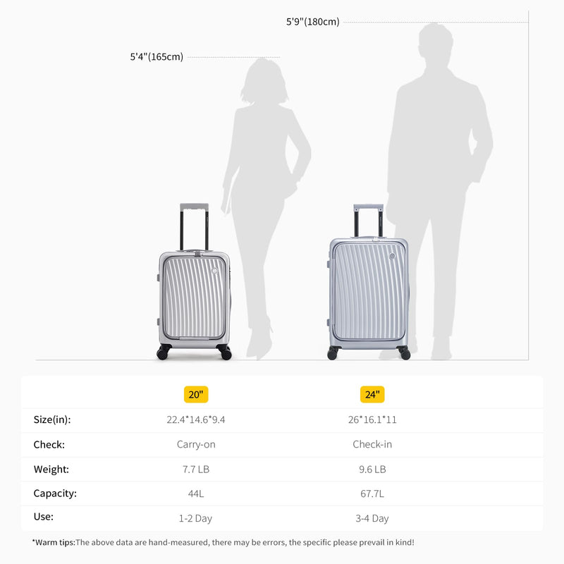OIWAS 20 Inch Carry On Luggage, Front Pocket Carryon Suitcase with Phone Holder & Cup Holder, Airline Approved Hardshell Luggage with Double TSA Lock, USB Port, One-Click Brake, Silver