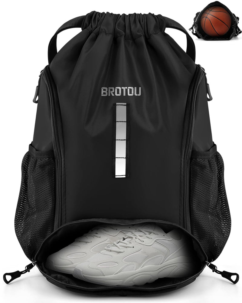 BROTOU Soccer Drawstring Backpack, Basketball Bag, Volleyball Football Bags with Ball and Shoe Compartment(1- Reflective strip, Black)