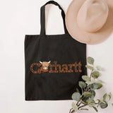 SAUIVD Women's Funny CarHartts Canvas Tote Bag Cute Cow Letter Print Casual Reusable Grocery Shopping Canvas Bags