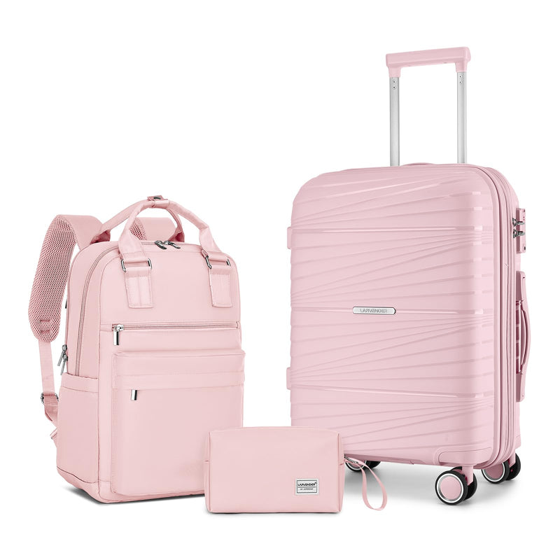 LARVENDER Luggage Sets 3 Piece, Expandable Carry On Luggage 22x14x9 Airline Approved, 20 Inch Hardshell & Lightweight PP Carry On Suitcase for Women with Spinner Wheels TSA Lock, Light Pink