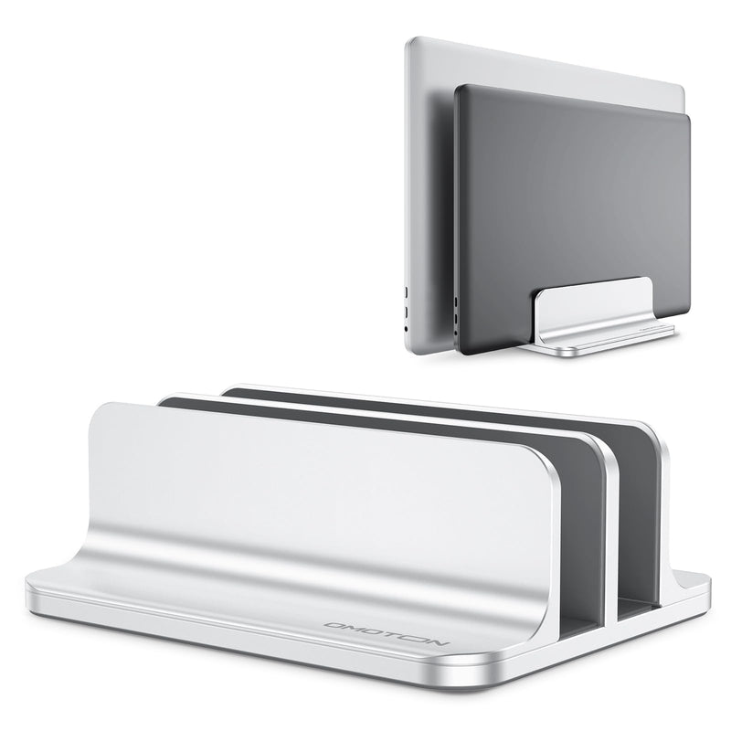 OMOTON Vertical Laptop Stand [Updated Double Version], Desktop Aluminum Mac Book Stand with Adjustable Dock Size, Fits All Mac Book, Surface, Chrome Book and Gaming Laptops (Up to 17.3 inch) (Silver)