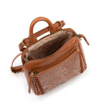 The Sak Loyola Mini Backpack in Leather, Convertible Design with Adjustable Strap, Tobacco Floral Embosseed