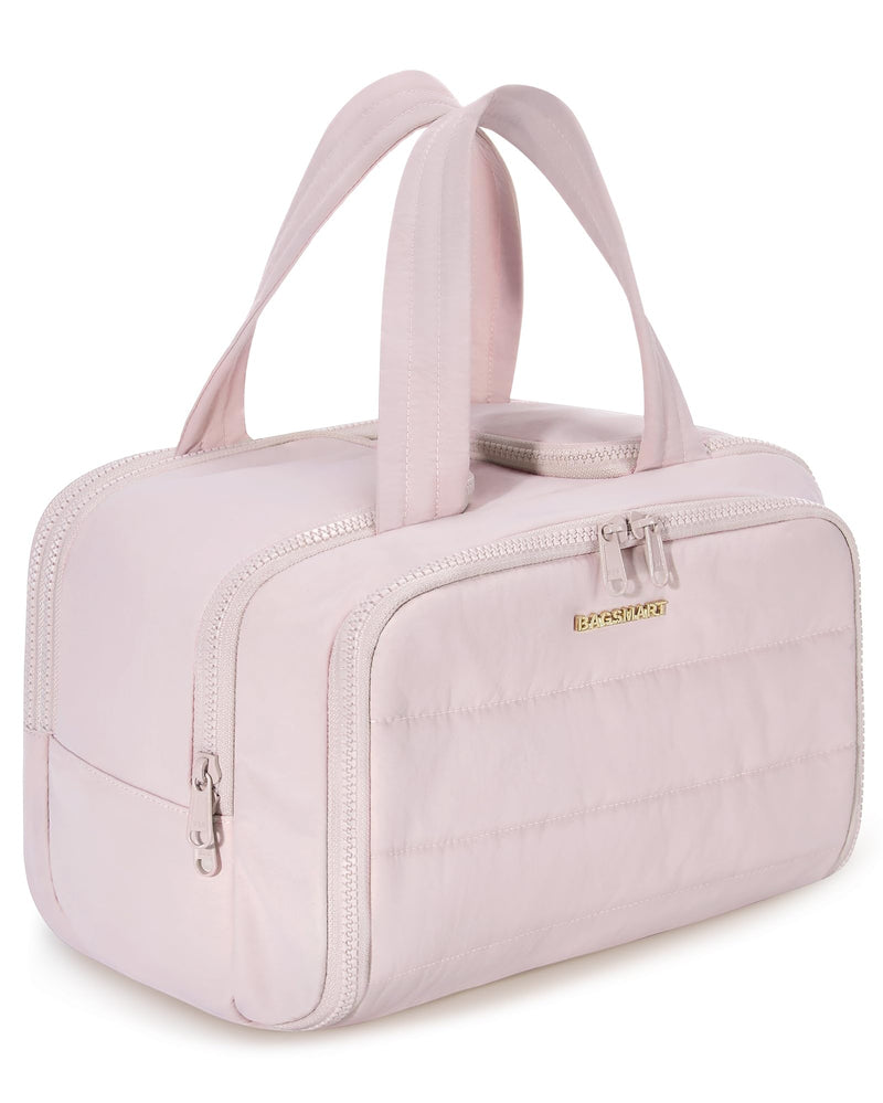 BAGSMART Travel Toiletry Bag, Crush Toiletry Bag for Women, Wide-open Puffy Toiletry Bags for Traveling, Large Travel Cosmetic Makeup Bag Organizer for Accessories,Toiletrie, Pink