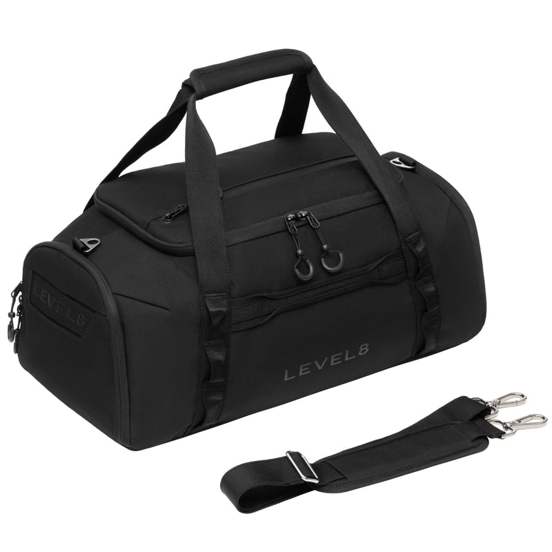 LEVEL8 Travel Duffle Bag Carry on Airline Approved, Water Resistant Sport Duffle, Weekender Bag for Men and Women, Black, 30L