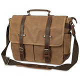 Vintage Genuine Leather Waxed Canvas Briefcase Large Satchel Shoulder Bag Rugged Computer 15.6" Laptop Bag (Brown)