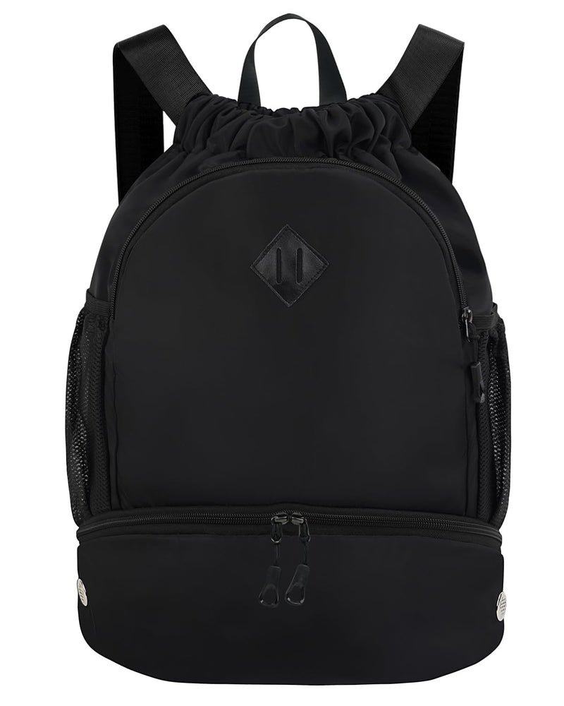 RHDZO Drawstring Backpack Gym Backpack with Shoe Compartment for Men Women String Sports Bag with Wet Pocket Cinch Swim Beach Bag, Black (Patent Pending)