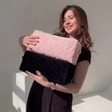 Hushee Black Velvet Makeup Bag Large Capacity Quilted Floral Cosmetic Bag for Women Cute Travel Zipper Toiletry Pouch Preppy Hair Tools Organizer Purse Clutch, 13.4" x 5.2" x 5.2"