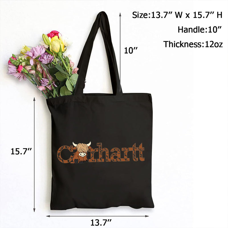 SAUIVD Women's Funny CarHartts Canvas Tote Bag Cute Cow Letter Print Casual Reusable Grocery Shopping Canvas Bags