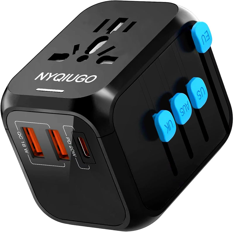 NYQIUGO Universal International Power Travel Plug Adapter with 3 USB Ports (1 USB C), Worldwide Plug Adaptor Wall Charger for USA to Europe UK France Germany Spain Ireland Australia (Type C/G/A/I)