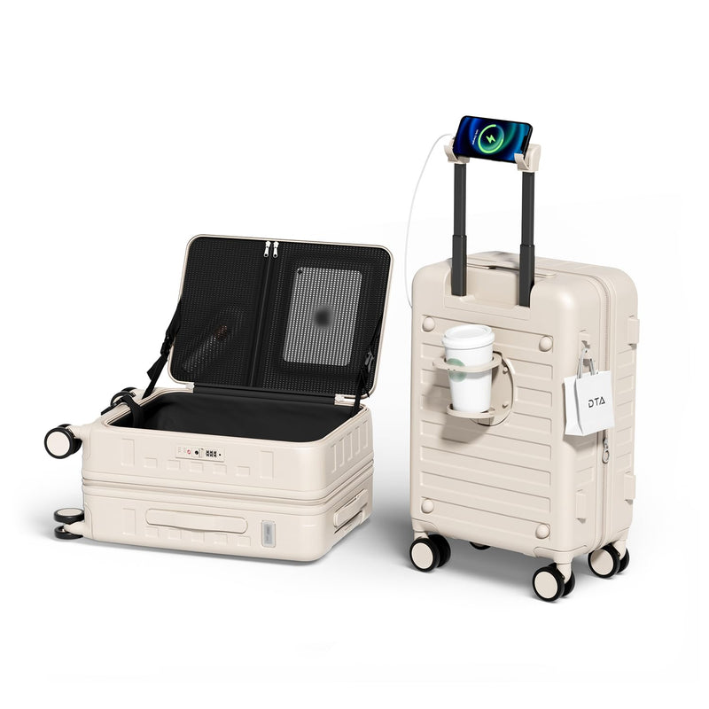 DTA Nova Expandable Lightweight PC Hard Shell Suitcase, 20-inch Carry On Luggage with TSA Lock, 360 Silent Spinner Wheels, Top Opening & Cup Holder - Ideal for Business Travel Suitcase (Ivory)