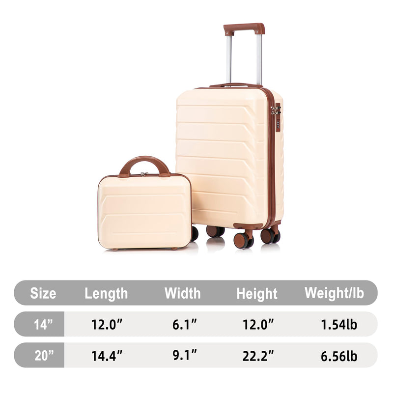 Luxebough Gradient Color Suitcase 2-Piece Set, 20" Rotating Wheel Suitcase with 14" Cosmetic Case, Lightweight Durable Hardshell Luggage with 360° Spinner Wheels for Travel, Women & Girls (Beige)