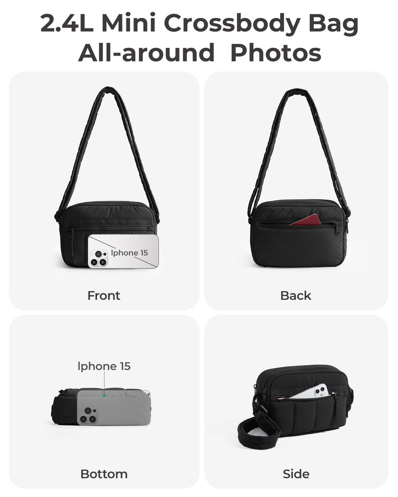 BAGSMART Cross Body Purse, Mini Crossbody Bags for Women Travel Purse, Puffy Shoulder Handbag Wallet with RFID Blocking Slots, Black-small