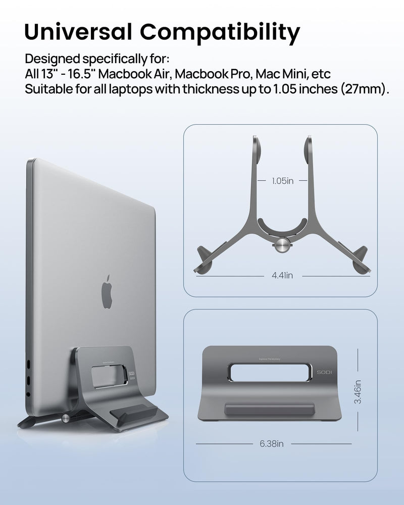 SODI Vertical Laptop Stand for Desk, Gravity Auto Lock MacBook Stand, Aluminum Laptop Holder Vertical Compatible with MacBook Pro, Air, Tablet, Space-Saving Organize Work & Home Office, Gray