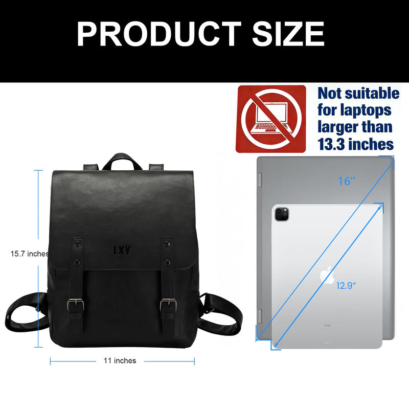 LXY Vegan Leather Backpack Vintage Laptop Bookbag for Women Men, Black Faux Leather Backpack Purse Bookbag Weekend Travel Daypack