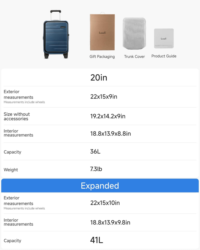 LUGGEX Carry On Luggage Top Opening, FLT Expandable Polycarbonate Hard Shell Suitcase with Wheels (FX-Lite, Blue, 20 Inch, 36L-41L)