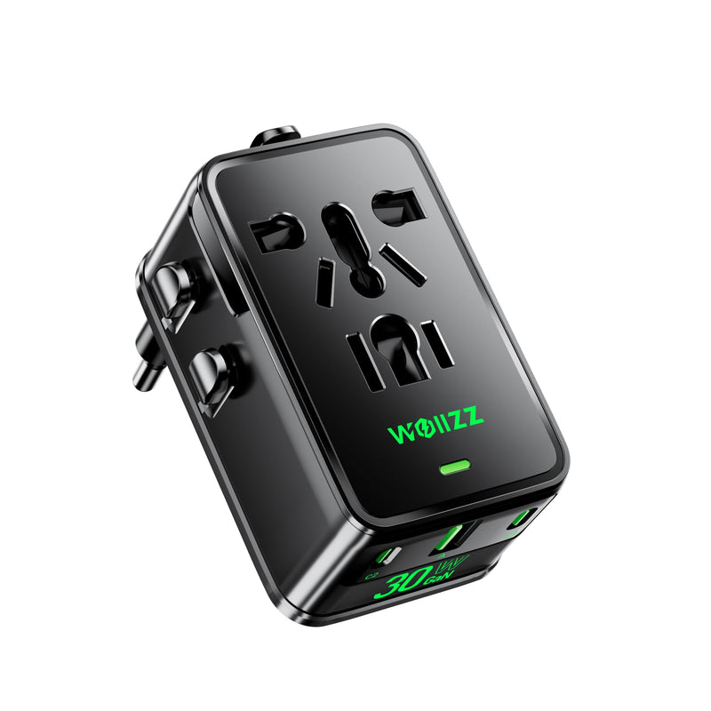 Wollzz Universal Travel Adapter, 30W GaN Fast Charging International Power Adapter Worldwide Charger with 4 Ports 1 AC, 1 USB-A, and 2 USB-C Ports Plug Adapter for USA European UK AUS Japan