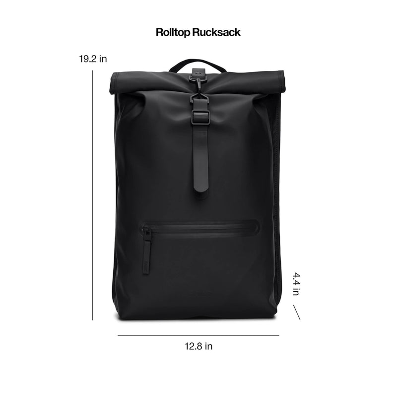 RAINS Rolltop Rucksack Large - Waterproof Rolltop Backpack Water Resistant Commuter Travel Pack Urban Minimalist (Black, Regular)