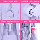 TXHVO 3Pcs Rolling Backpack for Girls Women, 19 Inche School Roller Backpacks with Wheels, Adults Wheeled Bookbag with Lunch Box(Purple)