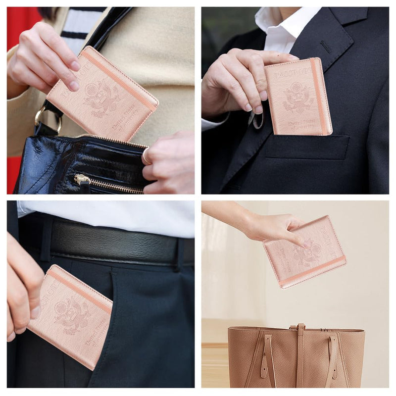 Passport Holder for Travel Essentials, Passport Cover Wallet Passport Holders for Women Men, PU Leather Passport Book Card Case with Pen Holder for Family Travel Must Haves Accessories, Rose Gold