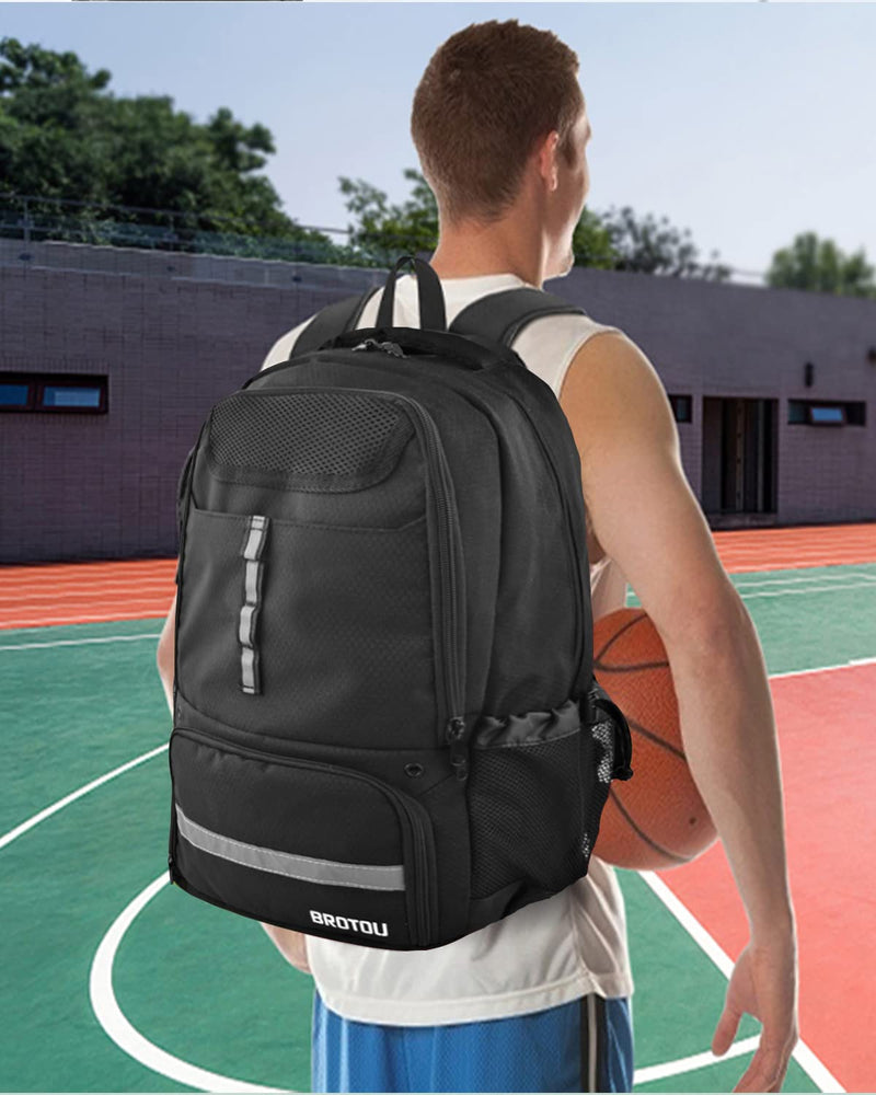 BROTOU Basketball Backpack, Large Basketball Bag with Shoes and Ball Compartment, Soccer Backpacks for Football/Volleyball (Black)