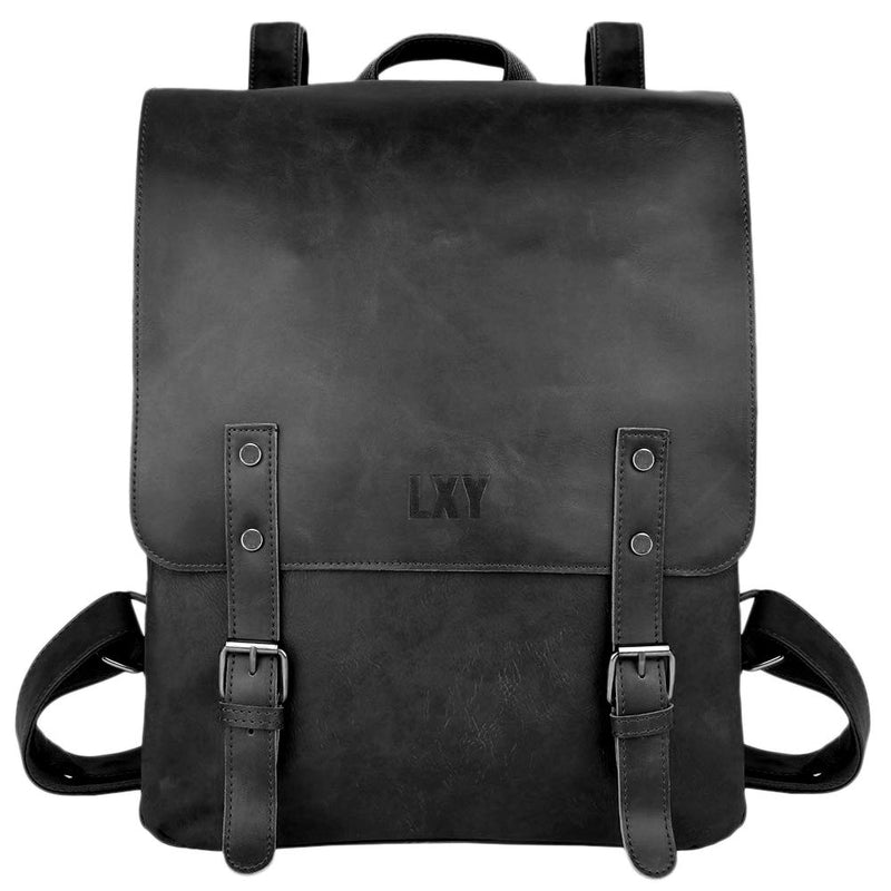 LXY Vegan Leather Backpack Vintage Laptop Bookbag for Women Men, Black Faux Leather Backpack Purse Bookbag Weekend Travel Daypack