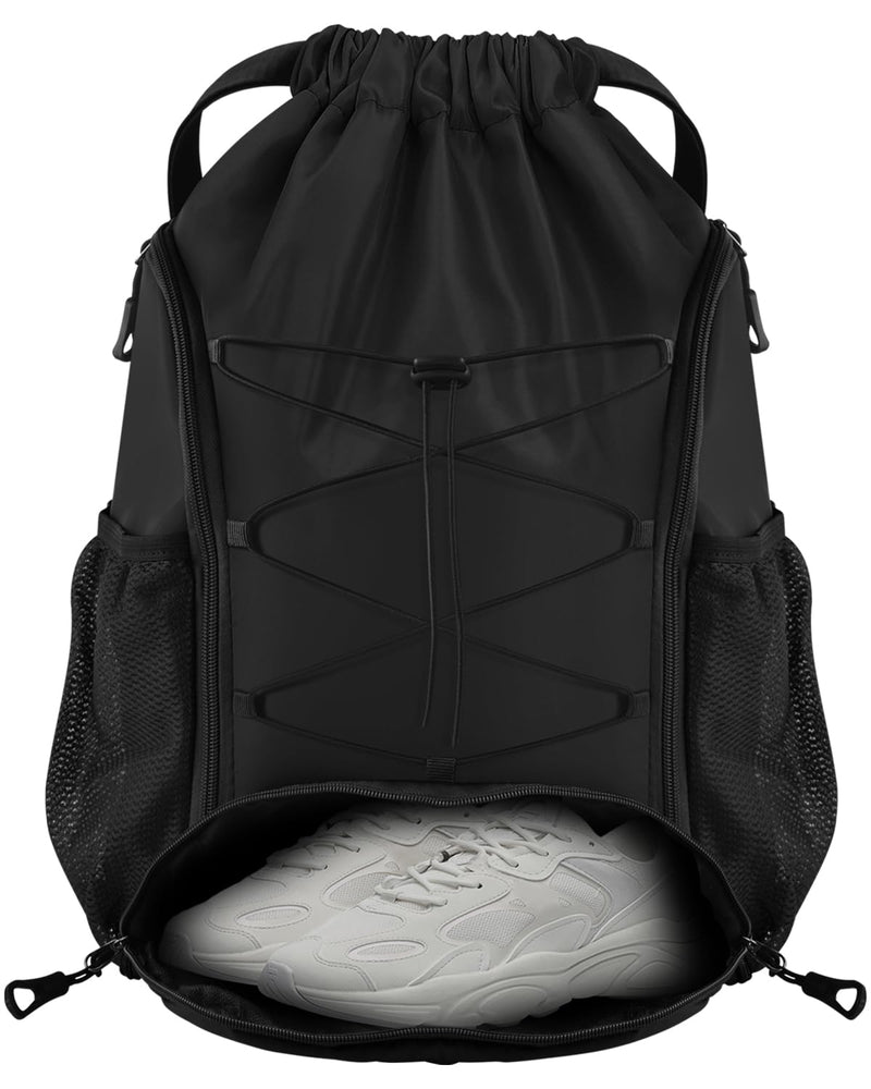 BROTOU Soccer Bags, Football Backpack, Volleyball Bag, Drawstring Soccer Backpack with Ball and Shoe Compartment (Black)