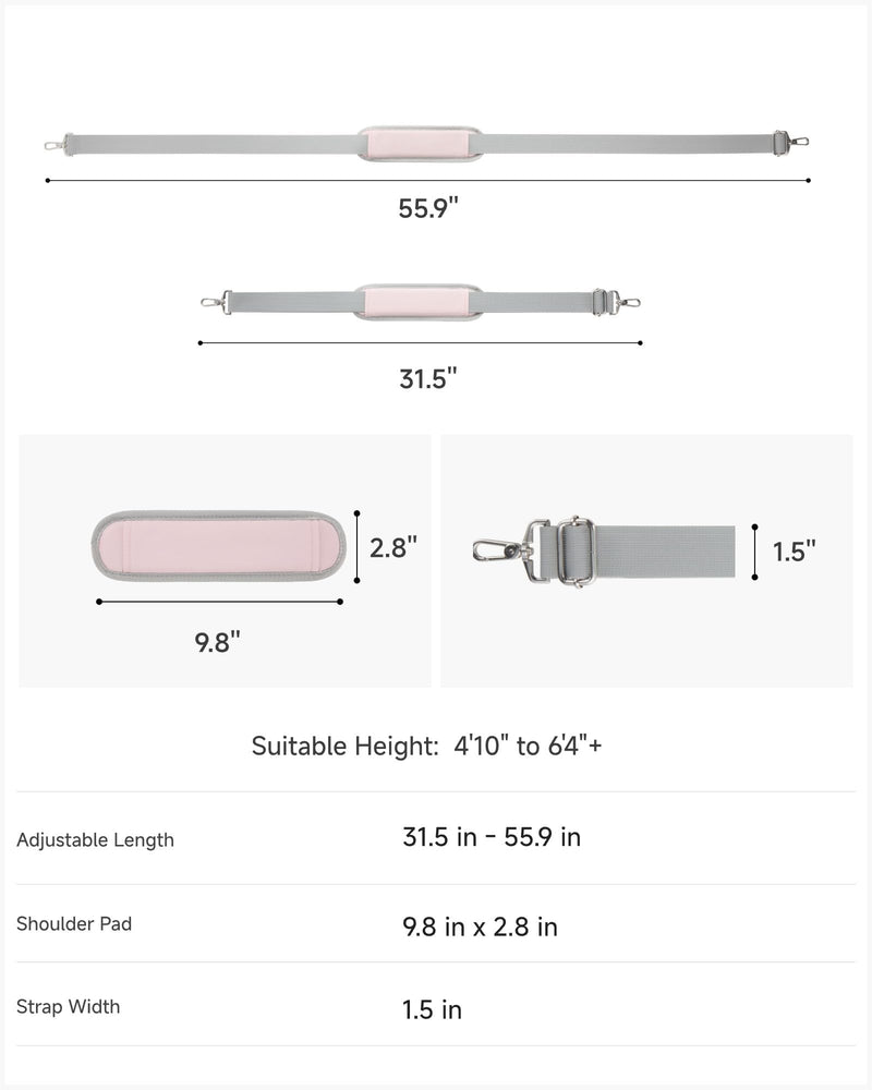 LUGGEX 56 Inch Shoulder Strap, SS01 Adjustable Replacement Belt with Padded Metal Hooks for Crossbody Duffel Messenger Sleeve Bag Brifcase, (SS01-Core, Pink)