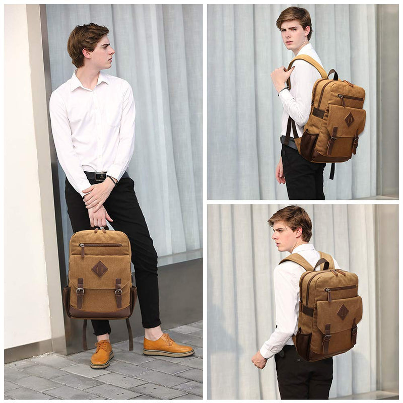 Modoker Eco-Friendly Canvas Backpack for Men Women, Vintage Rucksack Fits Most 15.6 Inch Laptop, Bookbag with USB Charging Port, Brown
