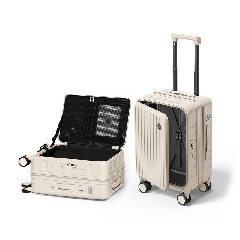 DTA Nova Top Opening Expandable Lightweight PC Hard Shell Suitcase, 20 Inch Carry On Luggage with TSA Lock, 360 Silent Spinner Wheels, Cup Holder, Ideal for Business Travel Suitcase (Beige)