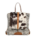 Myra Bag Oriental Flapover Backpack - 14.5x14 Cow Print Purses for Women, Black and White Canvas and Hairon, Leather Accents, Trendy Cowgirl, Everyday Western Style Women's Purses, For Work, Travel