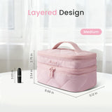 LOVEVOOK Travel Makeup Bag,Large Open Flat Tolietry Bag for Women,Waterproof Portable Cosmetic Pouch,Double Layer Quilted Makeup Bag Organizer With Handle,Travel Essentials,Gift for Her