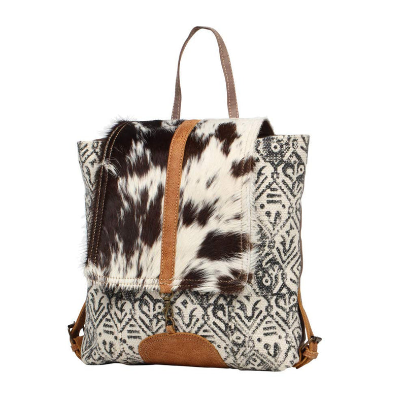 Myra Bag Oriental Flapover Backpack - 14.5x14 Cow Print Purses for Women, Black and White Canvas and Hairon, Leather Accents, Trendy Cowgirl, Everyday Western Style Women's Purses, For Work, Travel