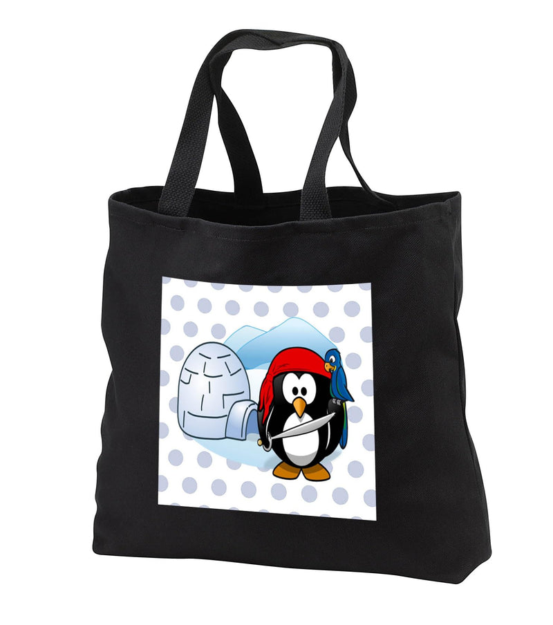 3dRose Image of Pirate Penguin With Parrot And Igloo On Blue Dots Black Tote Bag 14w x 14h x 3d