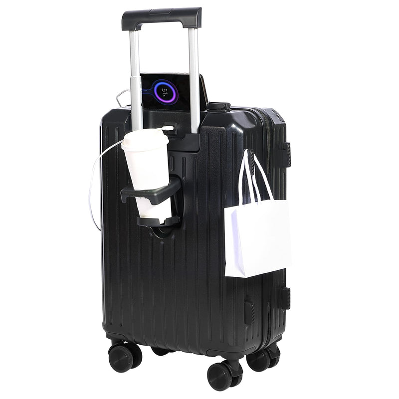 YANQIAO Carry-on Luggage with Cup Holder & USB Charging Port, Hard Side Luggage with Spinner Wheels, Lightweight Luggage for Travel, Business (Black, Carry-On 20-Inch)