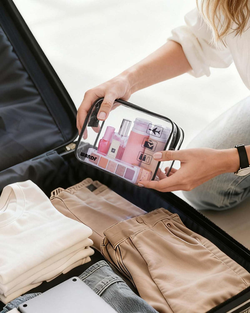 WANDF TSA Approved Toiletry Bag, 2 Packs Travel Clear Toiletry Bag, Quart Size Makeup Cosmetic Pouch with Zipper, Carry-On Airport Compliant Bag for Women and Men (2 pcs, Black)