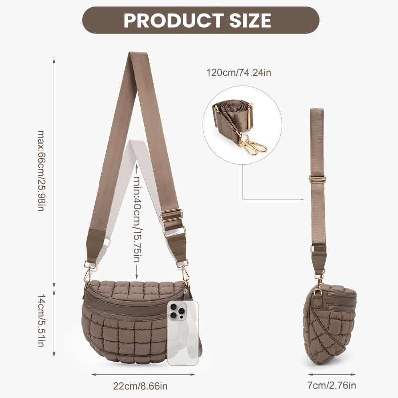 Duyijiff Puffer Crossbody Bum Bag Quilted Cherecked Cross Body Bumbags for Women Oversized Fanny Pack for Daily Use (Coffee)