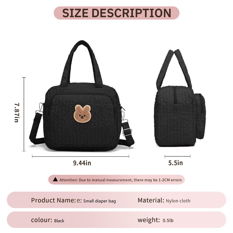 Small Diaper Bag Tote, Crossbody Diaper Bag Mini Purse with 8 Pockets, Travel Baby Bag for boys & Girls, 2 Insulated Pockets, Black